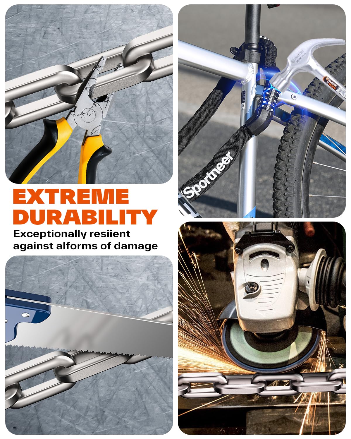Sportneer Bike Chain Lock: 5-Digit Resettable Combination Heavy Duty Anti-Theft Square Link 3.2ft Bicycle Lock for Bike, Motorcycle, Scooter, Door & Gate - 6mm Thick, Easy to Use