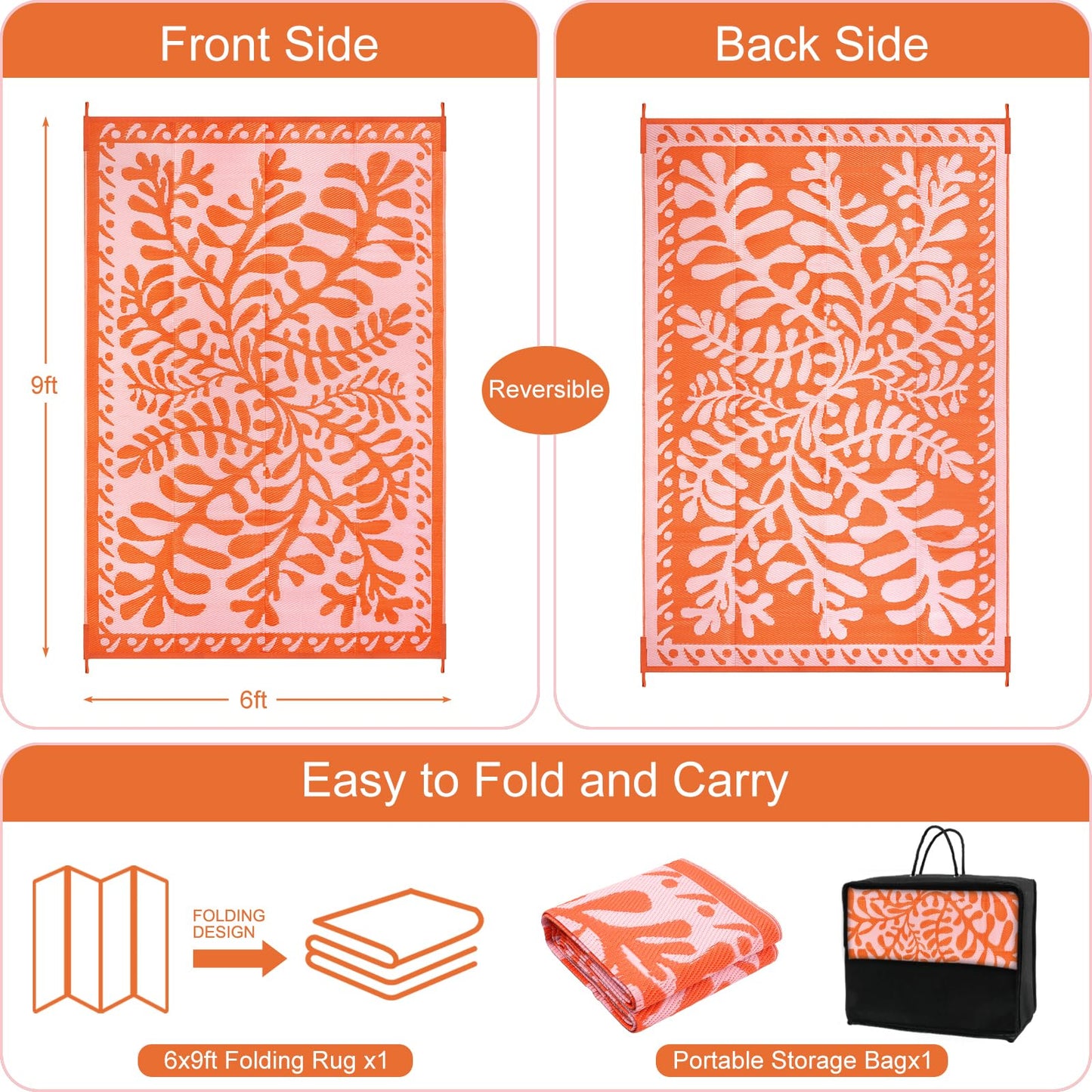 Anidaroel 6'x9' Outdoor Rug for Patio, Reversible Waterproof Patio Rug, Outdoor Plastic Straw Rug Outside Area Rug, RV Mat for Camping, Porch, Balcony, Pool Deck, Backyard (Orange, 6’x9')