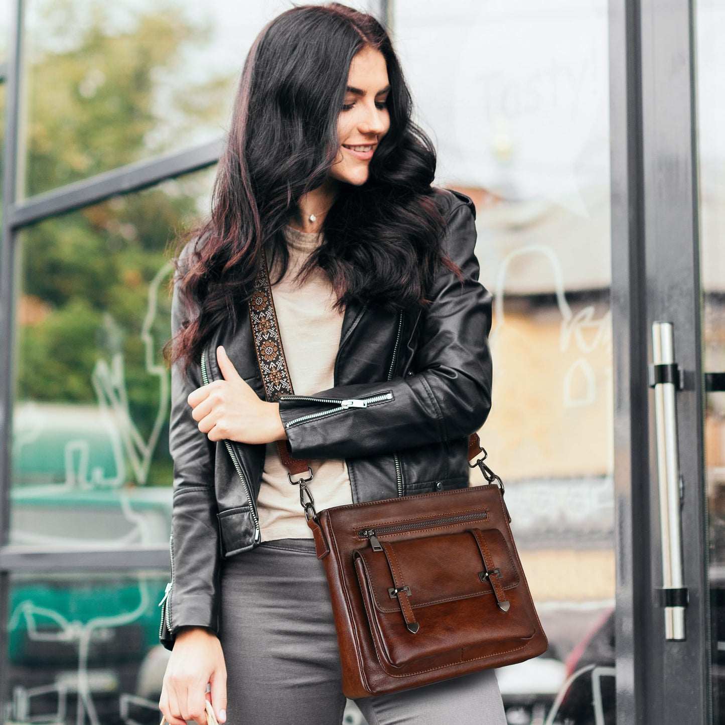 Iswee Soft Leather Crossbody Bags for Women Shoulder Handbags Multi Pocket Travel Purse with Adjustable Strap Medium Size (Coffee)