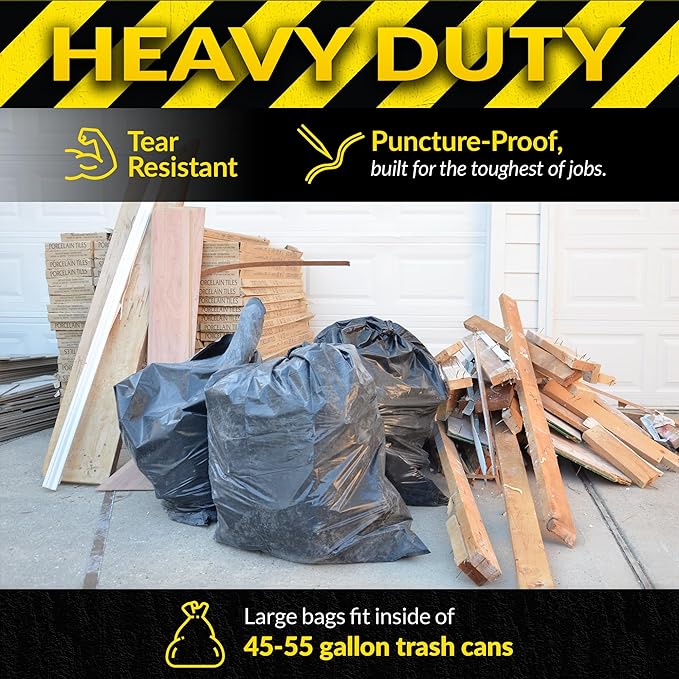 Reli. Contractor Garbage Bags 55 Gallon | 20 Trash Bags | Heavy Duty | Black