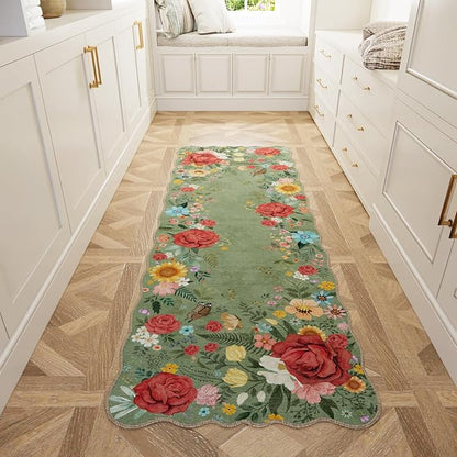 Kitchen Rug Runners for Hallways: 2x6 Washable Runner Rugs for Kitchen Ultra Thin Stain Resistant Non Slip Low Pile Lightweight Vintage Floral Carpet for Laundry Room, Bedside Decor (Green)