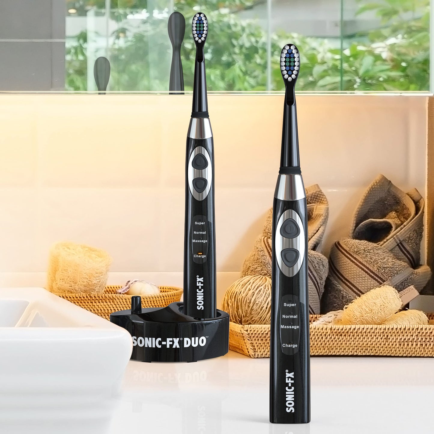 Sonic-FX Duo Rechargeable Electric Toothbrush Set - with 14 Brush Heads, 3 Modes, Smart Auto-Timer, Charging Dock Holder - Dual Handle Electric Tooth Brush for Adults & Kids, Black and White