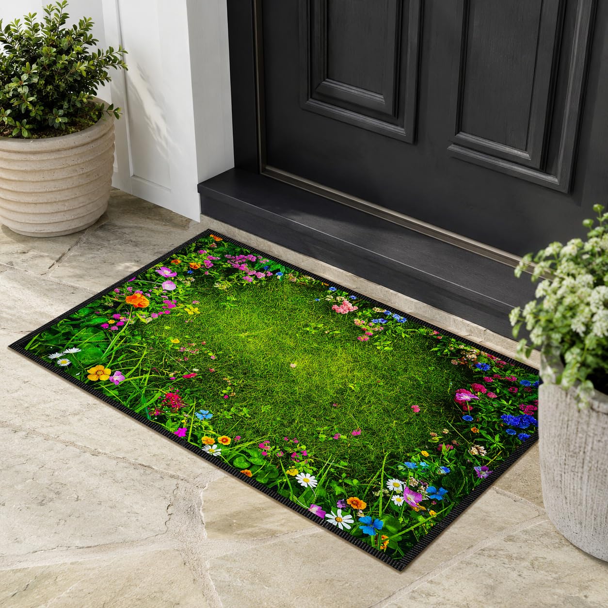 Green Grass Wildflower Door Mat for Indoor Entryway, 23.62 x 15.75 in Durable Faux Cashmere Polyester Rug, Non Slip Welcome Mat for Front Door Bathroom Kitchen