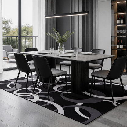 YIHOUSE Washable 5x7 Area Rugs for Living Room, Modern Black and White Rug for Bedroom Non Slip Low Pile, Modern Circle Pattern Carpet for Dining Room Playroom Home Office Decor