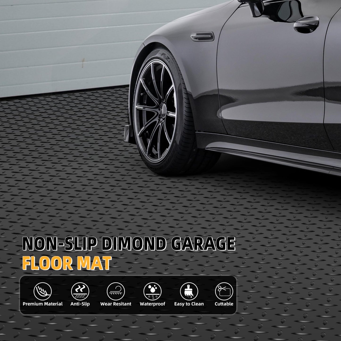 LulnCush 8.2 x 23 FT Garage Floor Mat, 2.8mm Thickened Diamond Plate PVC Garage Flooring Roll for Under Car, Heavy Duty Garage Floor Protector 188.6 SQFT for Garage, Basement, Golf Cart. Black