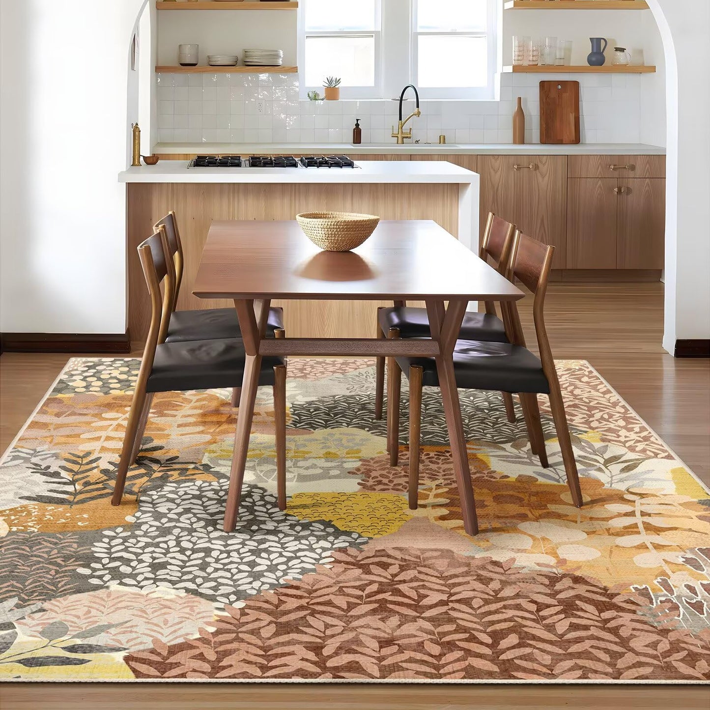 DEXDE 5x7 Area Rugs, Washable Non-Slip Abstract Boho Soft Rug for Living Room Bedroom,Leaves Floral Print Large Carpet for Entryway, Kids Playroom, Office,Camel