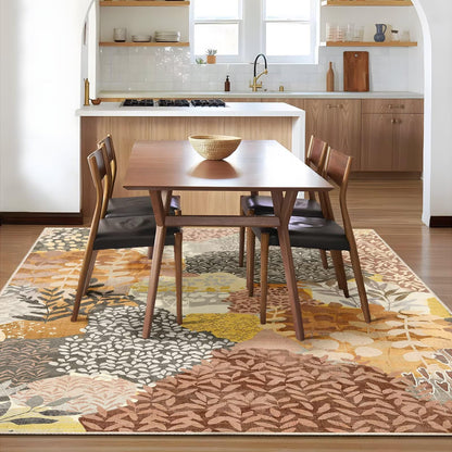 DEXDE 5x7 Area Rugs, Washable Non-Slip Abstract Boho Soft Rug for Living Room Bedroom,Leaves Floral Print Large Carpet for Entryway, Kids Playroom, Office,Camel