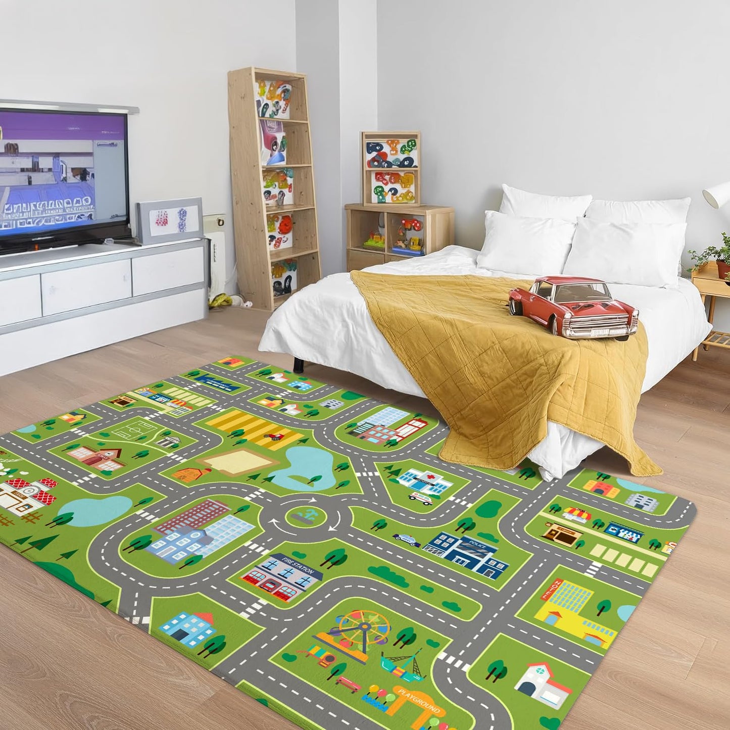 AUSTAB Kids Room Rug City Life Great for Playroom Classroom Bedroom - Non-Slip City Pretend Room Mat (Large- 5 x 7 FT)