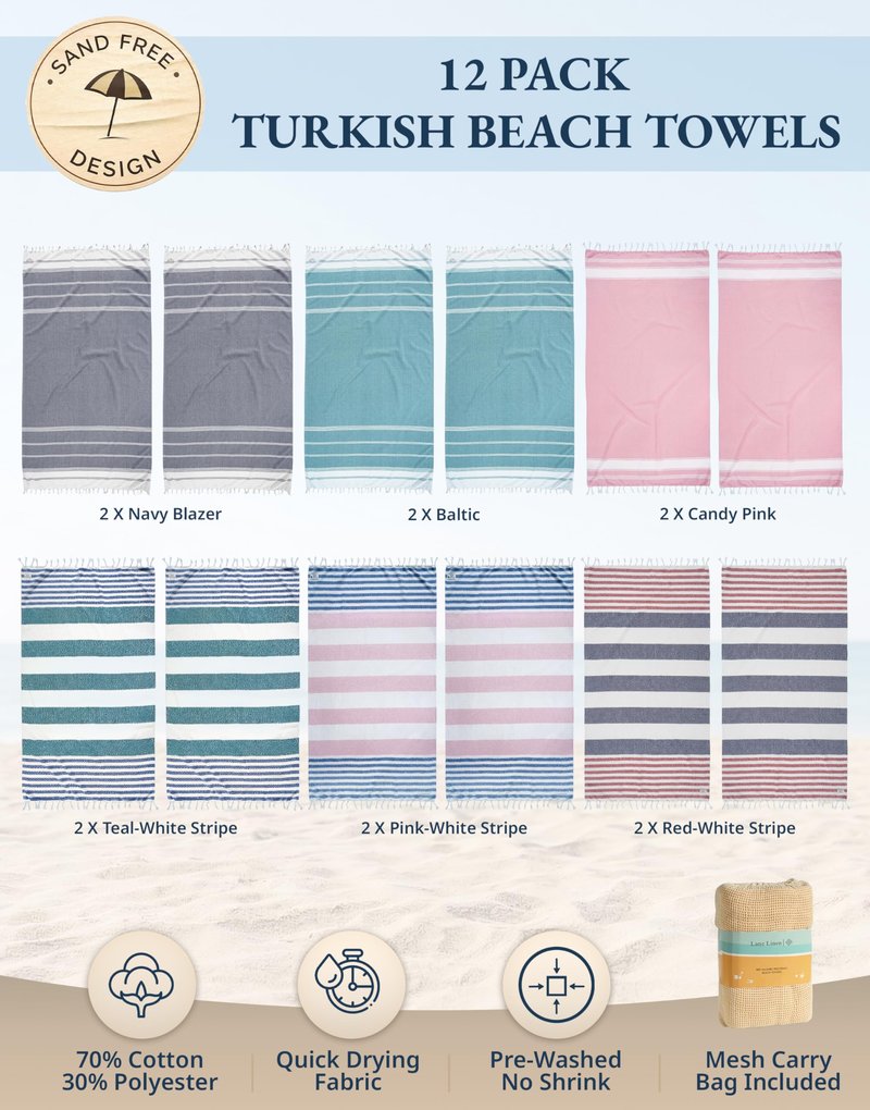 Lane Linen Beach Towels 12 Pack - Oversized & Pre-Washed Large Beach Towel Set - Stylish Pool Towels For Adults, Quick Dry, Soft & Lightweight Lightweight Travel Towel Pack, 39"x71" - Seaside Symphony