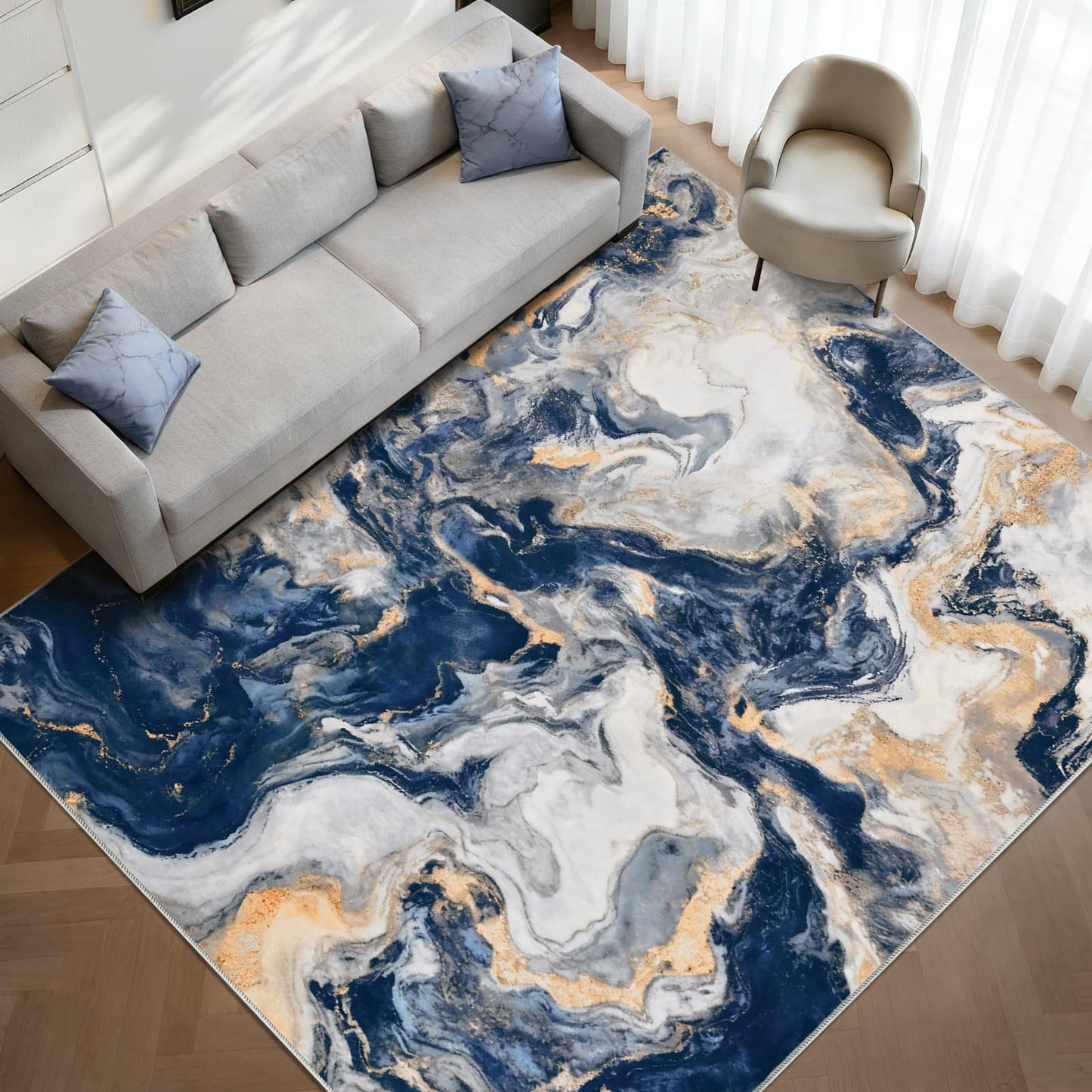 Yinhua Marble Rug 5x7, Blue and Gold Washable Rug Non Slip, Soft Faux Wool Modern Rugs Non Shedding, Low Pile Abstract Area Rugs Non Skid, Stain Resistant Floor Carpet for Living Room Bedroom Office