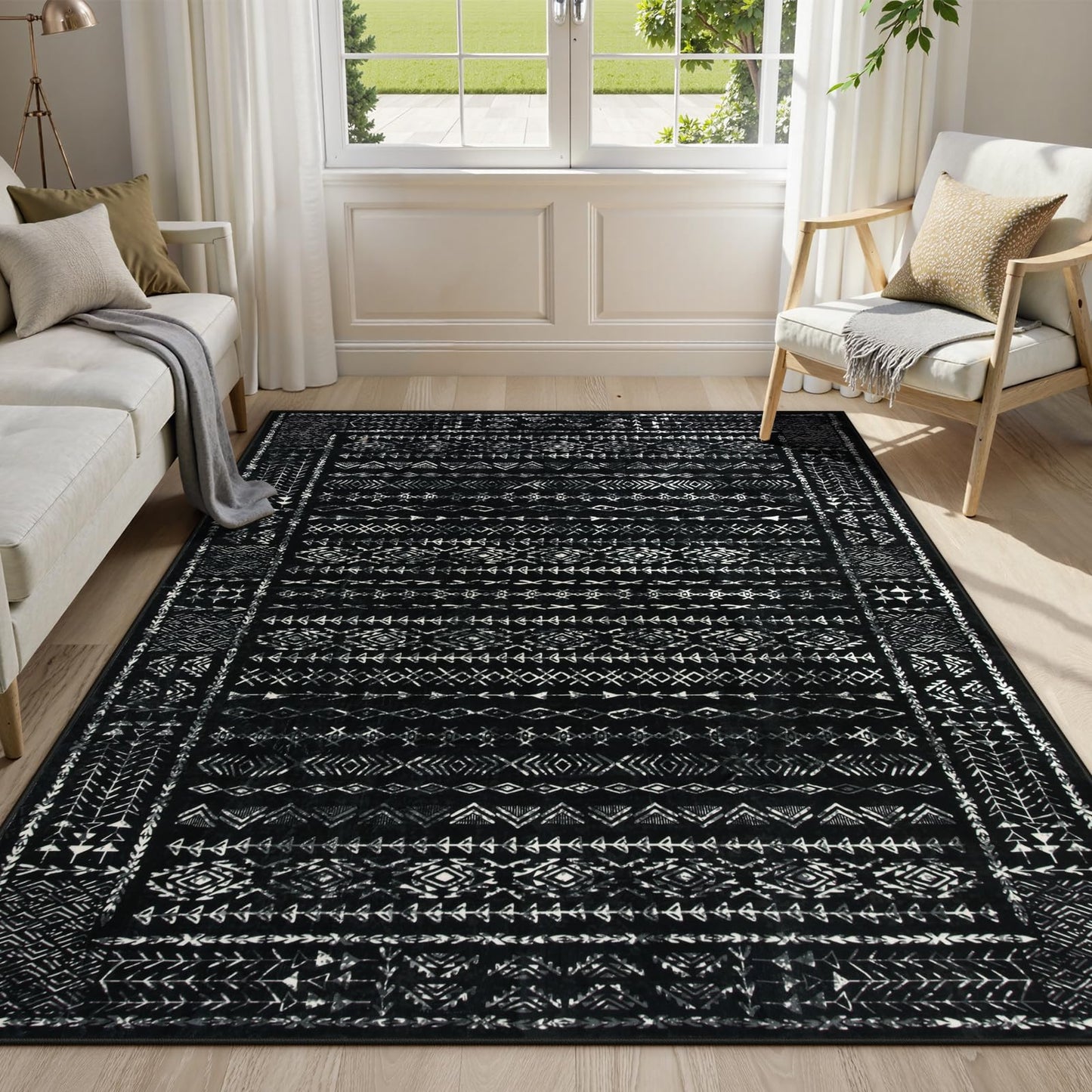 Zealude Boho Black and White 5x7 Area Rugs for Living Room, Large Washable Rug for Bedroom Dining Room, Moroccan Geometric Distressed Throw Carpet for Entryway Kitchen Playroom Office(5 x 7,Black)