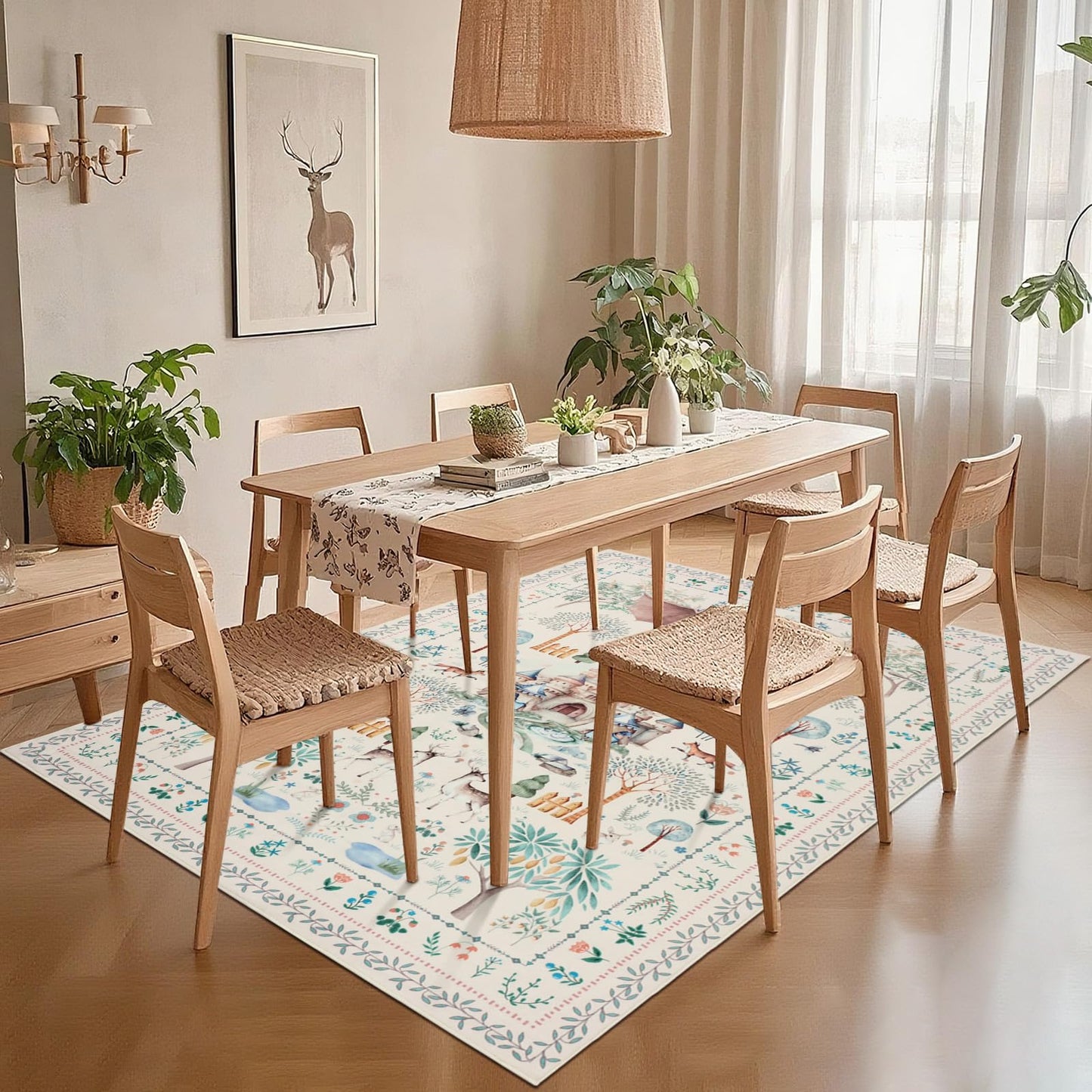 nesrt Washable Area Rugs for Living Room 5x7ft Beige, Soft Dragon Animal Print Bedroom Rugs Non Slip, Botanical Forest Kids Nursey Playroom Floor Carpets for Dining Room Farmhouse Home Office Decor