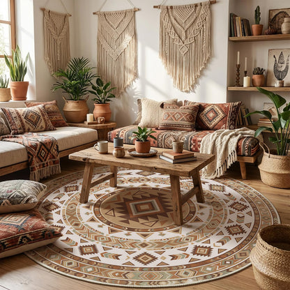 Doteon 3ft Southwestern Round Rug, Geometric Tribal Circle Carpet, Soft Faux Cashmere Non-Slip Rug for Bedroom and Entryway