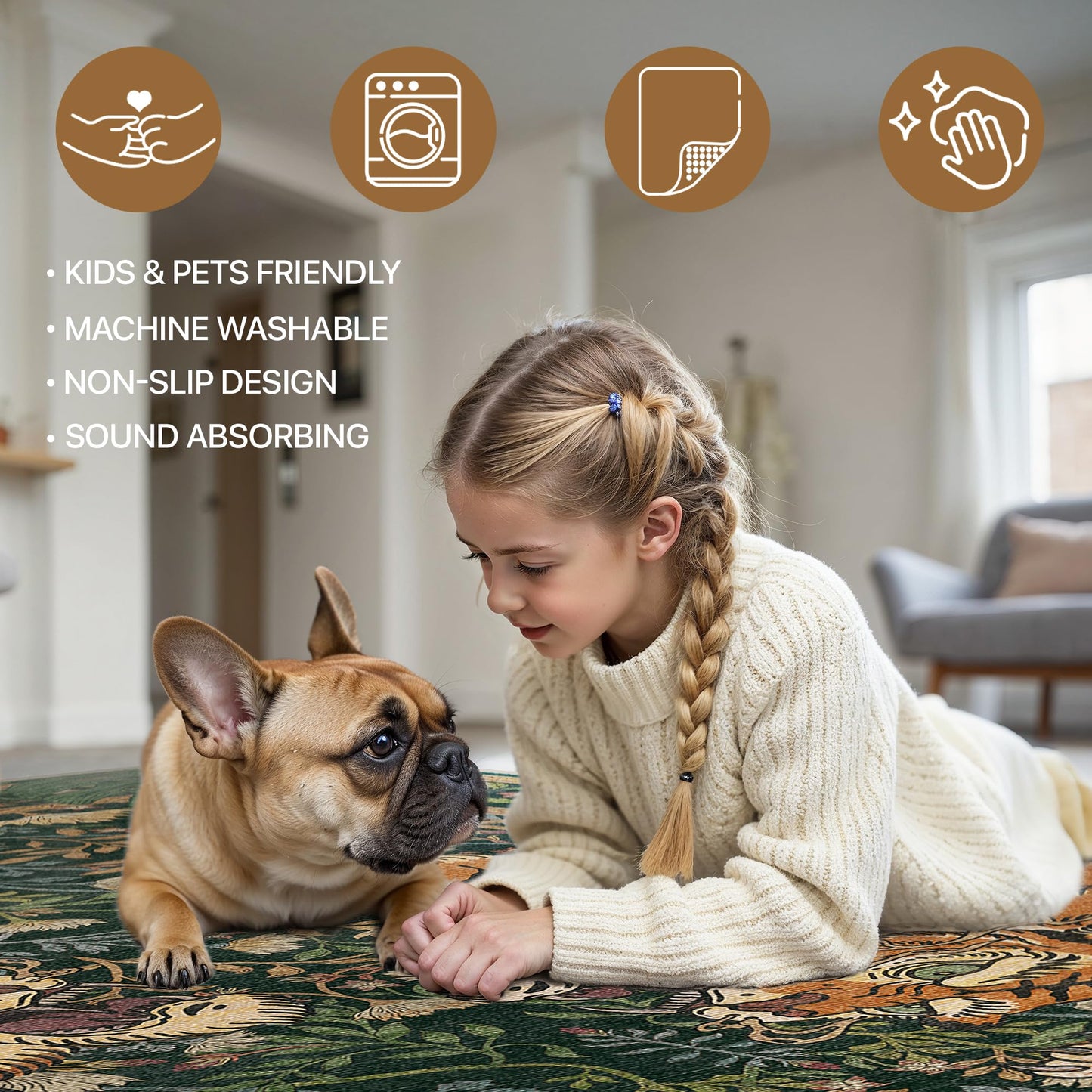Bavni Tiger 2x6 Washable Runner Rug Non Slip, Boho Vintage Oriental Hallway Runner, Low Pile Soft Green Carpet Stain Resistant, Botanical Animal Kitchen Runner Rugs for Entryway Bedroom Laundry
