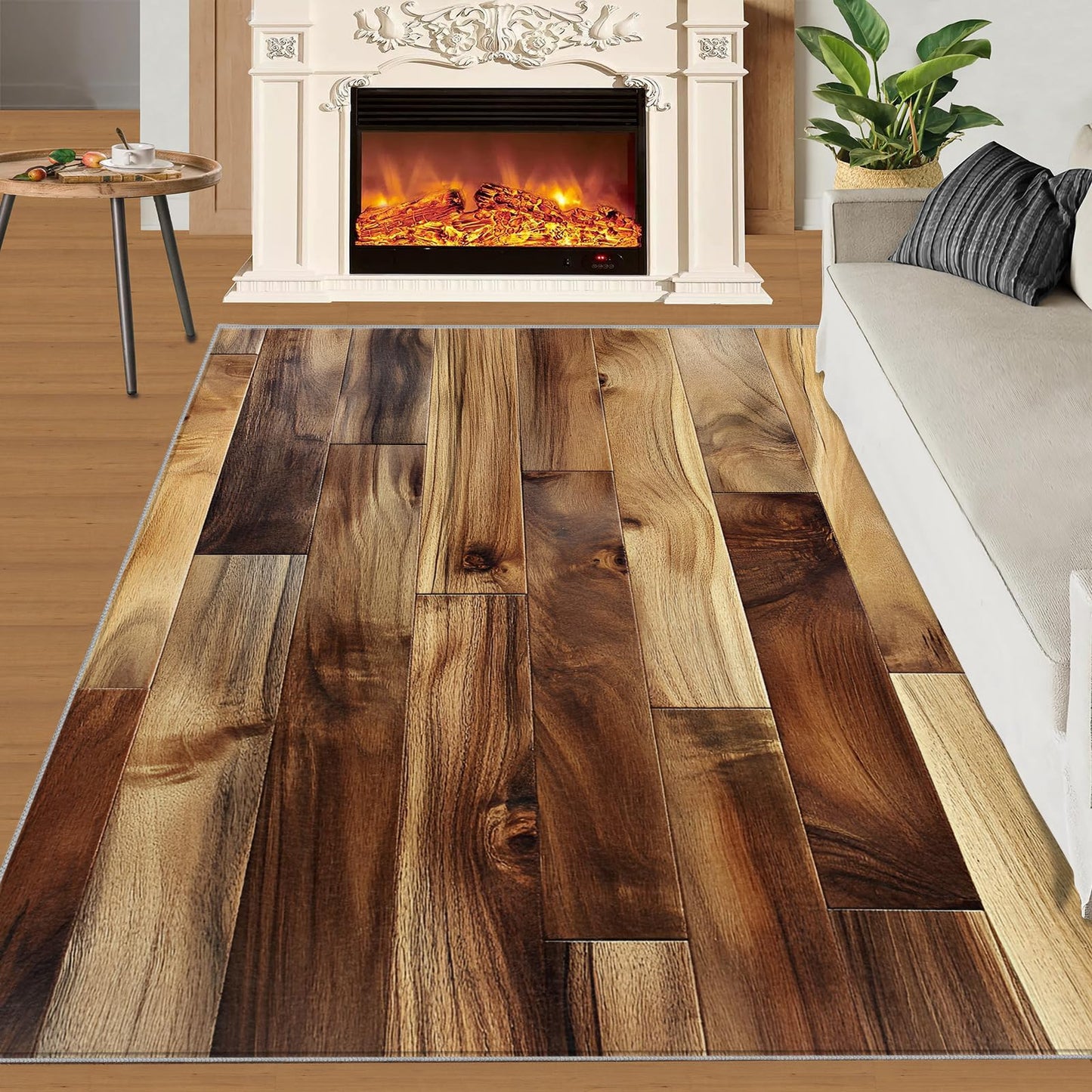 KOMEJIE Wood Plank Print Rug - Natural Grain Rugs for Bedroom, Rustic Wood Area Rug, Rugs for Living Room, Non Slip & Low-Pile, Washable Indoor Earth Tone Design Carpet & Home Decor