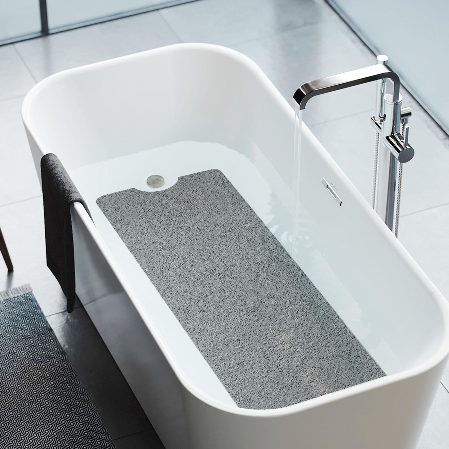 HITSLAM Non Slip Bathtub Mat 40 x 16 Inch, Extra Long Bath Mat for Tub, Soft PVC Loofah Shower Floor Mat with Drain, Quick Drying Bathroom Tub Mat for Wet Area, Without Suction Cup, Grey