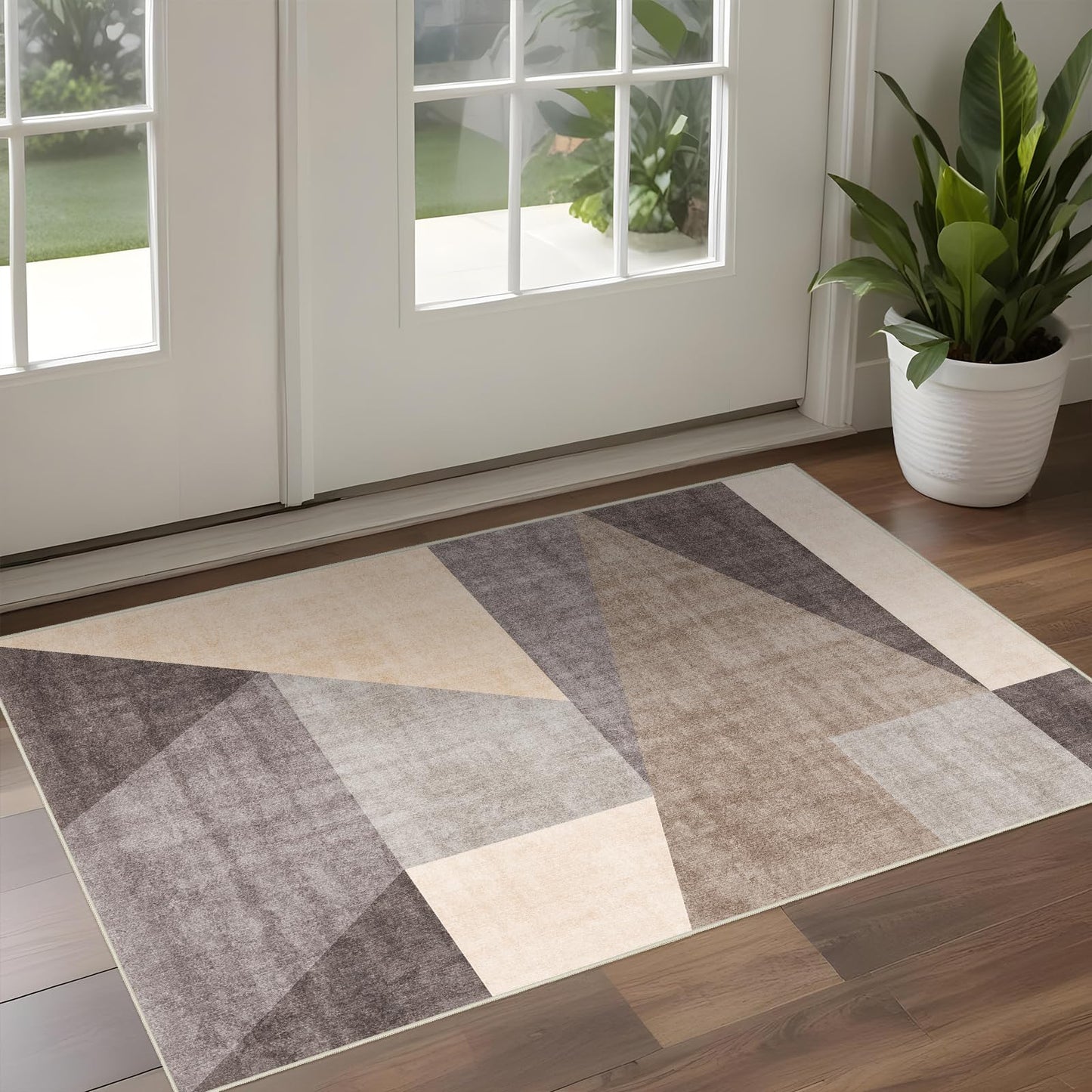 Washable Modern 2x3 Area Rug: Non-Slip Small Throw Carpet Pet Friendly Low Pile Mat for Entryway Kitchen Bedroom Bathroom Floor Stain Resistant Indoor Geometric Rug Brown/Grey