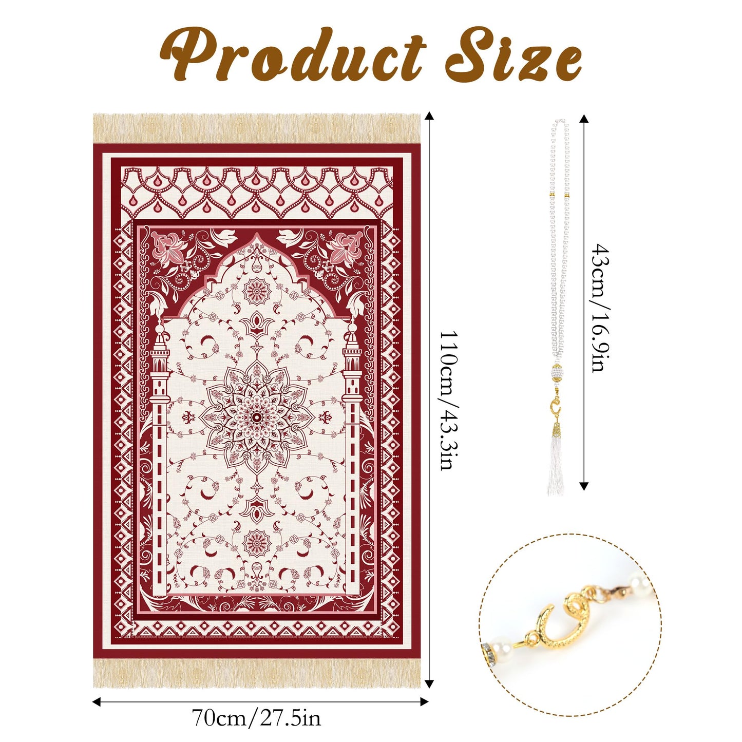 Islamic Prayer Rug Set, Muslim Prayer Mat with Mihrab Arch Floral Red Design and White Beaded Tasbih with Tassel, Thin Janamaz for Ramadan Eid Home Travel, Gift for Women Men (43" x 28")