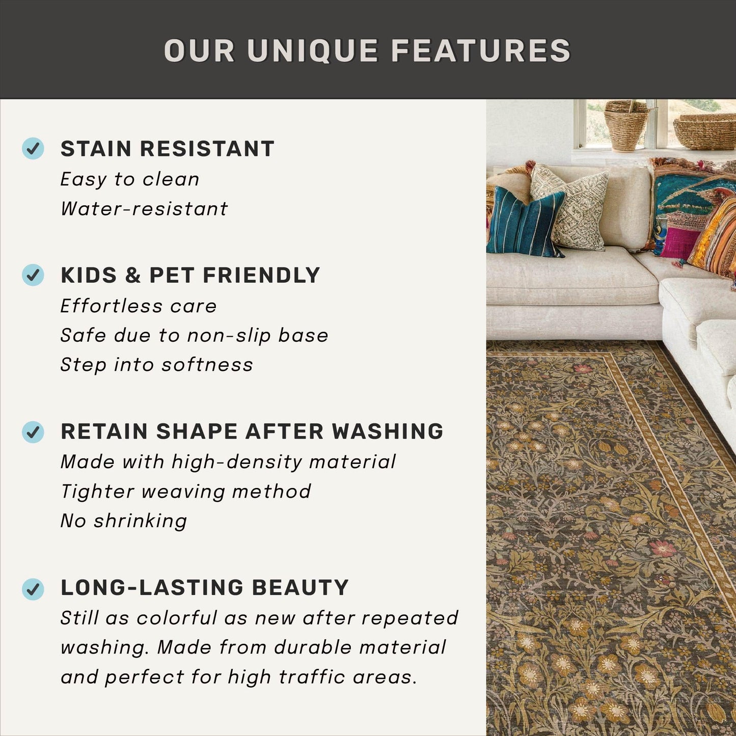 Washable Runner Rug Non Slip 2x6, Gold Brown Runner Rug for Kitchen, Bathroom, Entryway, Hallway, Laundry Room, Bedroom Bedside, Vintage Floral Stain Resistant Soft Low Pile Carpet