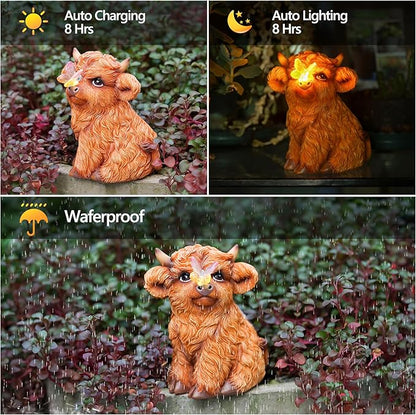 Highland Cow Solar Powered Outdoor Garden Statue, Resin Highland Cow Statue with Solar Light Lantern, Decorative Lawn, Yard Outdoor Highland Cow Decor. Unique Home Decorations, Gifts for Women