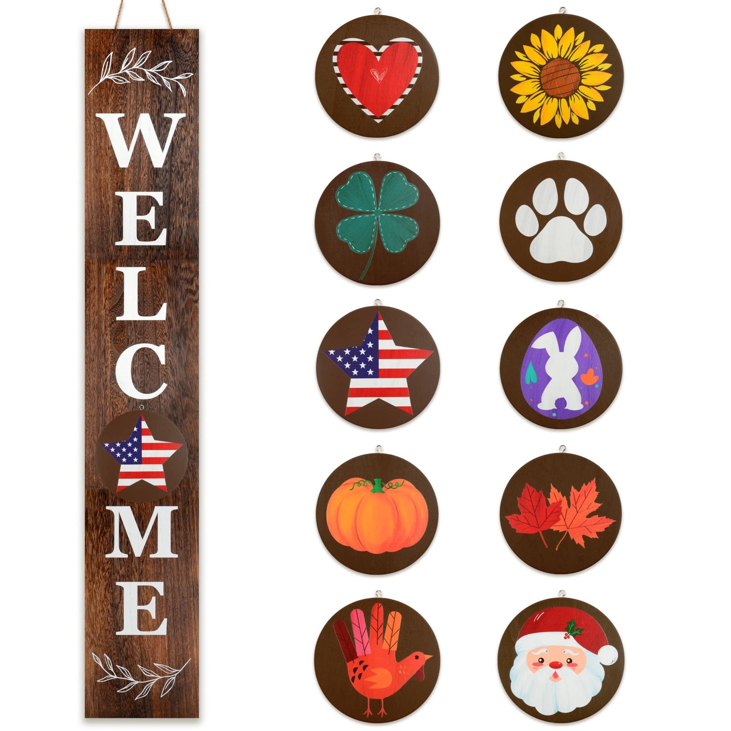 Perfnique Interchangeable Welcome sign for front porch standing, 47 x 7.9 Inch Black Wooden Leaner Sign with 10 Interchangeable Designed Icons, Morden Farmhouse Rustic Seasonal Decor for Spring