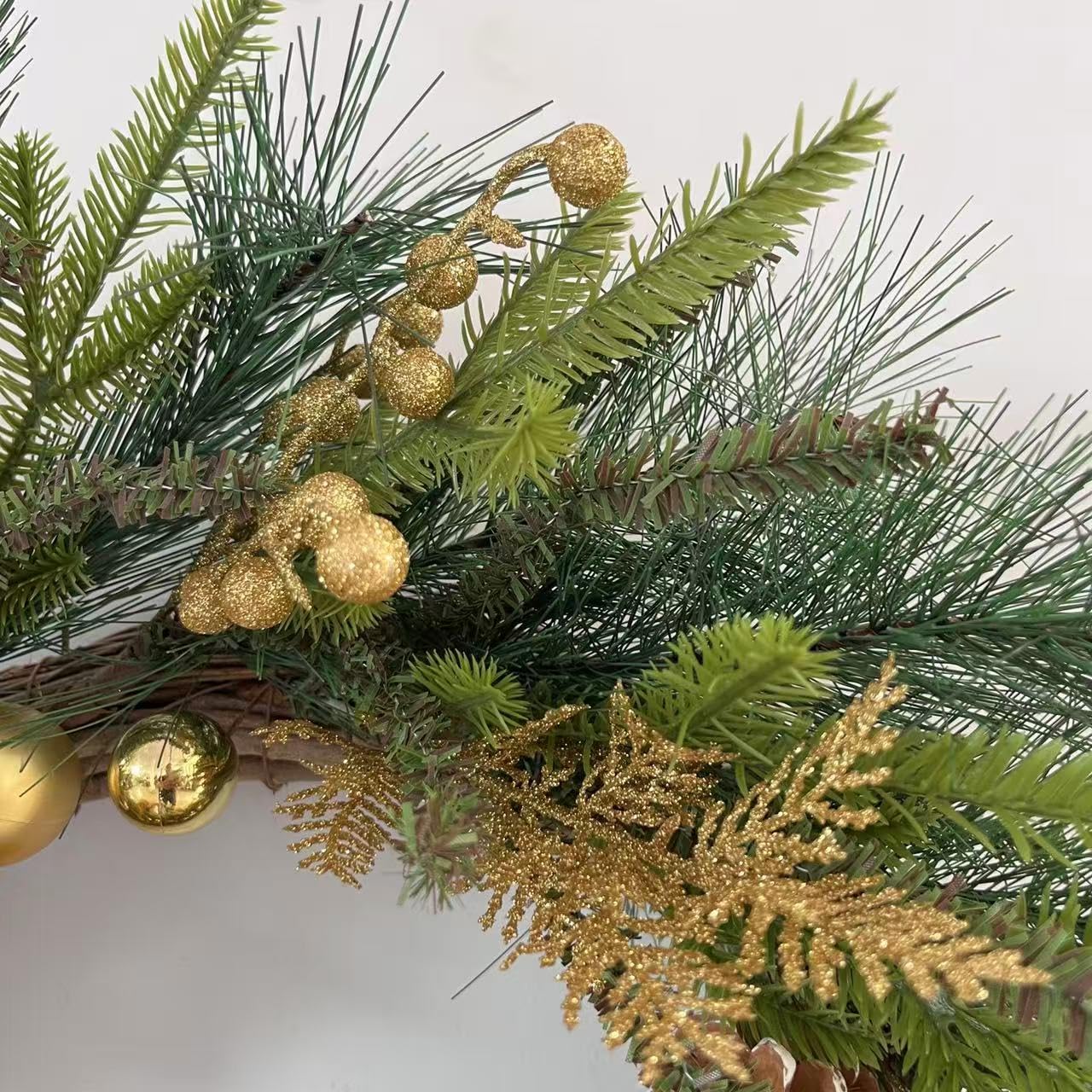 NeoL'artes 26inch Gold Wreath for Porch Front Door Mantle and Fireplace Wrapped Grapevine with Ornaments Snow Pinecones Winter Season Home Decor