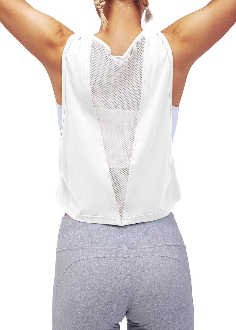 Mippo Cropped Workout Tops for Women Crop Top Workout Shirts Muscle Shirts Mesh Tank Athletic Clothes Active Wear White M