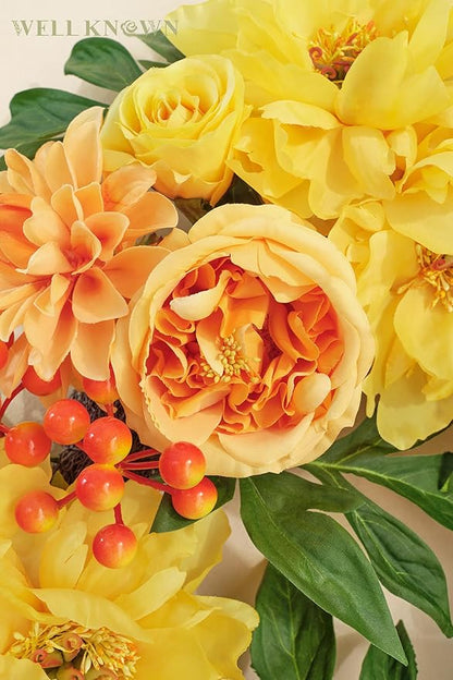 WELL KNOWN Flowering Wreaths for Front Door, Silk Peony Wreath for Front Door Porch & Indoor Wall Window, Fall Winter Wreath for Thanksgiving Farmhouse Party Veterans Day Home Decor (Yellow Orange)