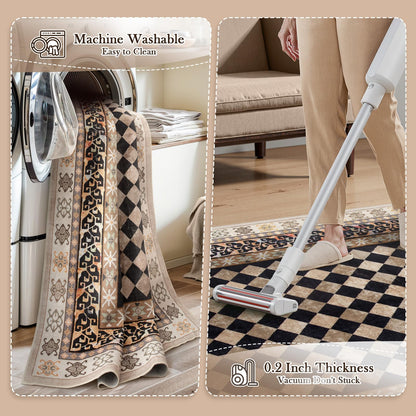 Wonnitar Washable 3x5 Checkered Kitchen Rug, Black and Brown Trellis Rugs for Bedroom, Stain Resistant Non Slip Funky Carpet Throw Rugs for Bathroom Entryway Laundry Living Room Home Decor(Black,3x5)