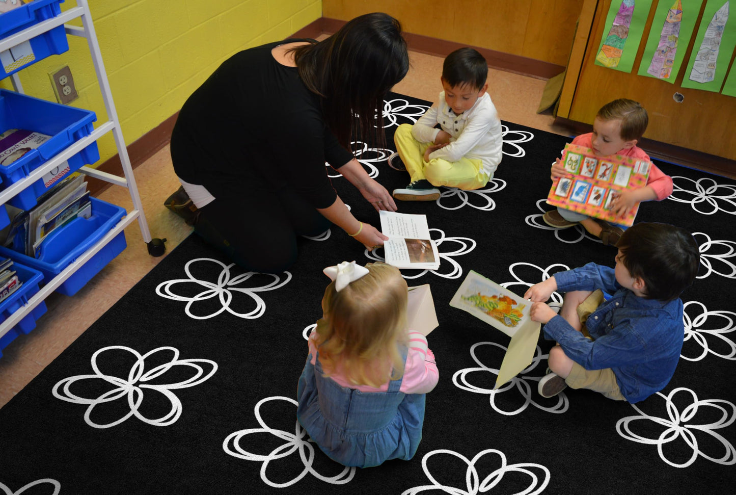 Flagship Carpets Flower Sampler Classroom Rug for Preschool, Kindergarten, 24 Flowers Seating Rug for Circle Time Learning, Educational Area Rug for Daycare Kids, Durable - Black & White - 7'6" x 12'