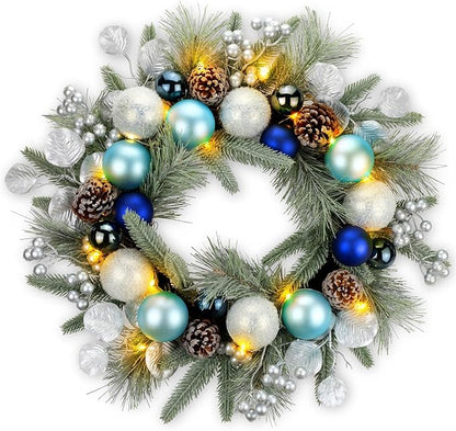 YULETIME 20-inch Christmas Wreath, Battery Operated Holiday Wreath with 20 Fairy Lights, Blue Baubles, Silvery Berries, Pine Cones, Silvery Leaves, Frosted Spruce Branches and Pine Needles (Blue)