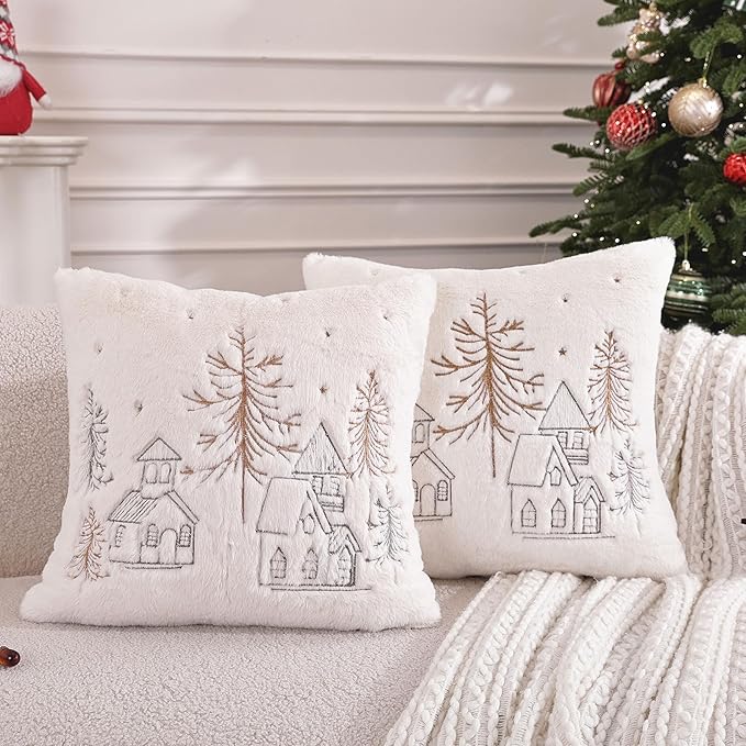 Christmas Throw Pillow Covers 18x18 Set of 2,Soft Plush Faux Fur Christmas Pillows Covers Embroidery Decorative Throw Pillows for Couch Bedroom Holiday Festivals Winter Home Decor