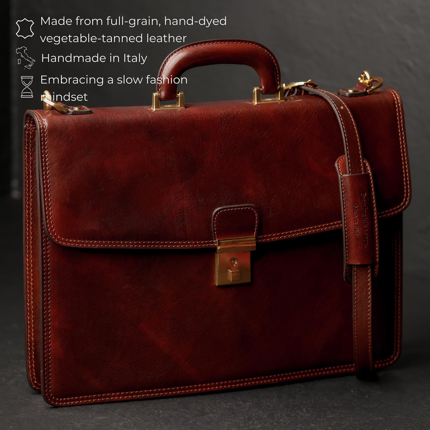 Time Resistance Leather Briefcase - Italian Handmade Leather Laptop Bag - Handbag for Men - Professional Computer Case (Brown)