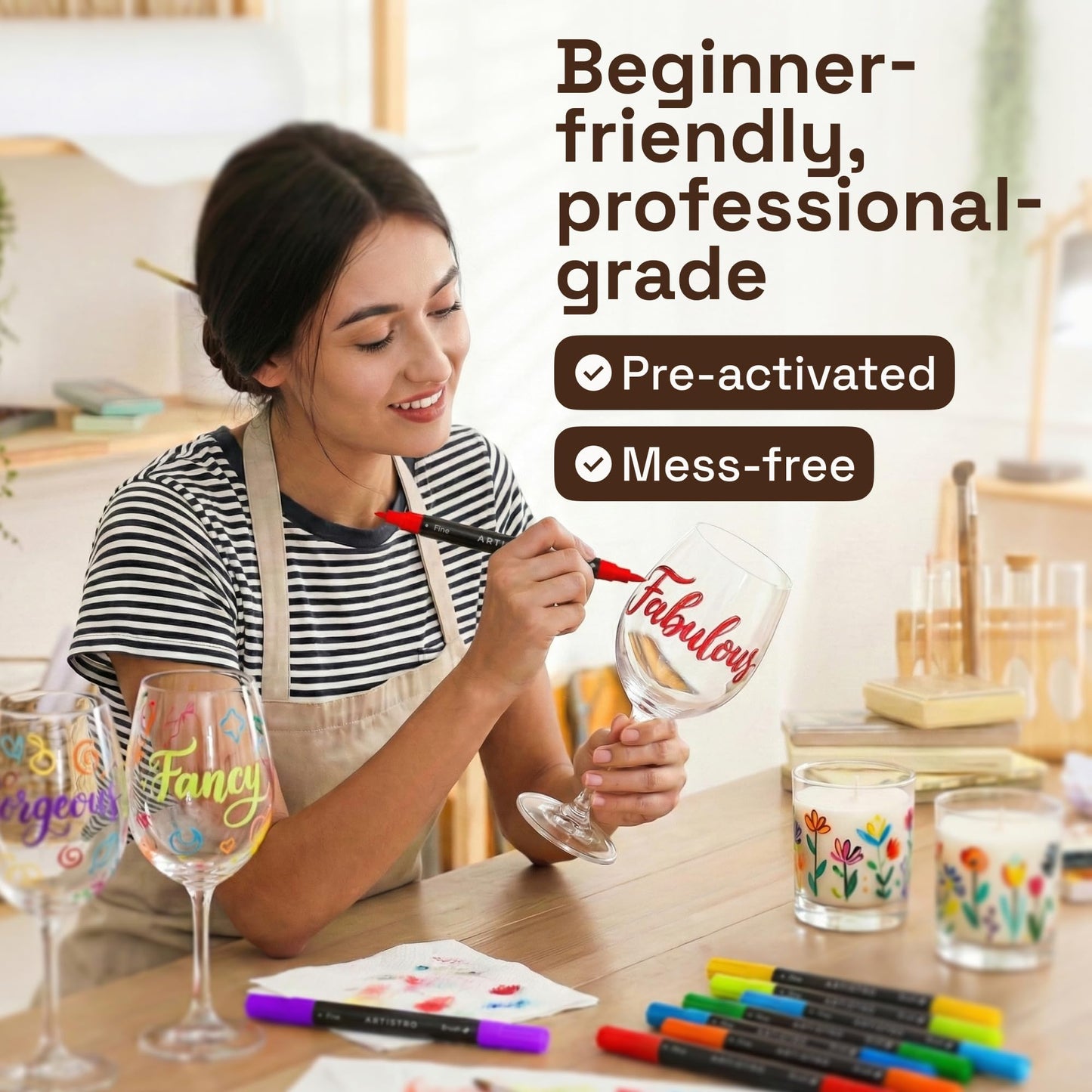 ARTISTRO 24 Glass Acrylic Paint Markers - Erasable Wine Glass Markers - Paint Pens for Windows, Mirrors, Ceramic and Mugs with Brush + Fine Dual-Tip Combo