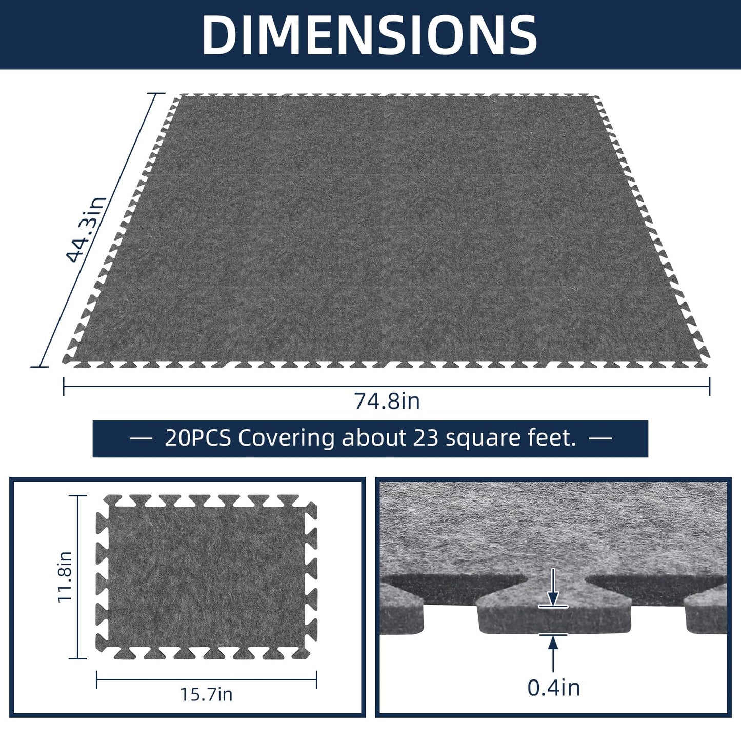 20 Pieces Sound Absorbing Interlocking Floor Mats, 15.7 x 11.8 x 0.4 inches High Density Felt Soundproof Pads Non-Slip Anti Vibration Puzzle Acoustic Blankets Piano Carpet Drum Rug, Gray