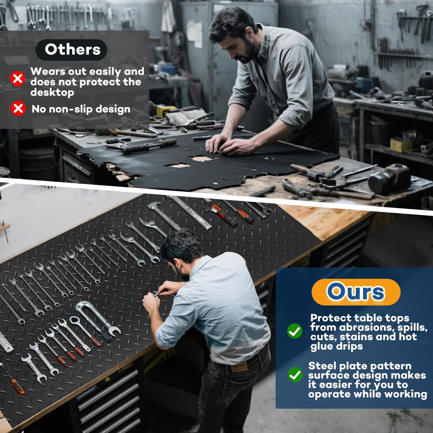 48" x 17" Work Bench Pad PVC Workbench Mat with Non-Slip Steel Plate Texture, 1.5mm Thick Scratch & Stain Resistant Surface for Woodworking, Crafting, DIY Projects and Tool Protection