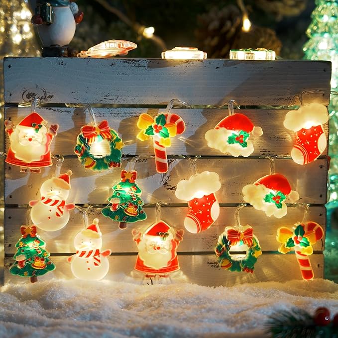LOLStar Christmas Fairy String Lights, 20 LED Xmas Warm White Lights Hanging Decors with Santa Claus Wreath Tree Snowman Candy Cane Hat Stockings Battery Operated Indoor Window Lights for Party Home