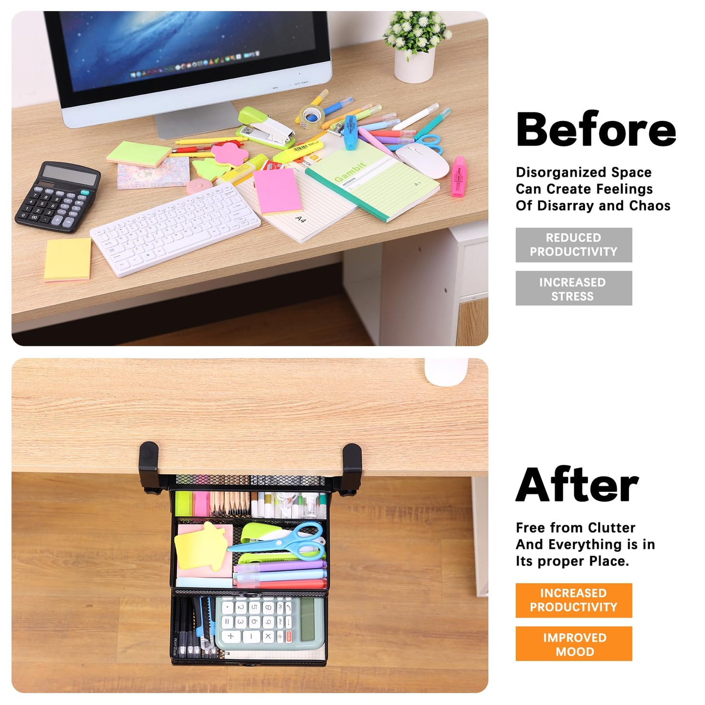 Euyona 2-Tier Clamp-On Mesh Organizer, Under Desk Storage with Slide-Out Tray, No Drilling Tool-Free Installation, Durable Rust-Resistant Metal, Large-Capacity Organizer.