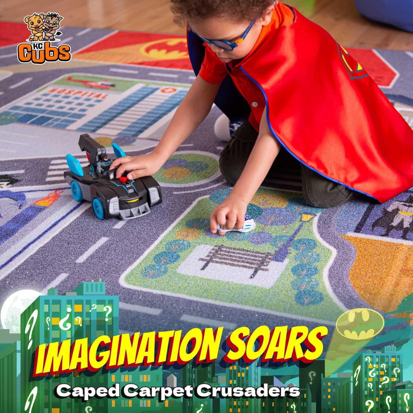 DC Comics Batman's Gotham City Adventure Road Play Rug 3x5 | Kids Interactive Toy Car Play Mat Carpet for Toddler Classroom, Playroom & Baby Nursery