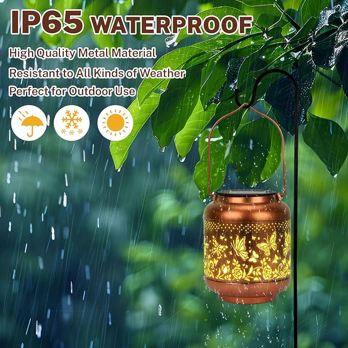 Butterfly Solar Lanterns Outdoor Hanging, Waterproof Metal Solar Lights Outside for Garden Porch Yard Patio Pathway Tabletop Landscape Decor, LED Lantern Gifts for Women Mom Grandma