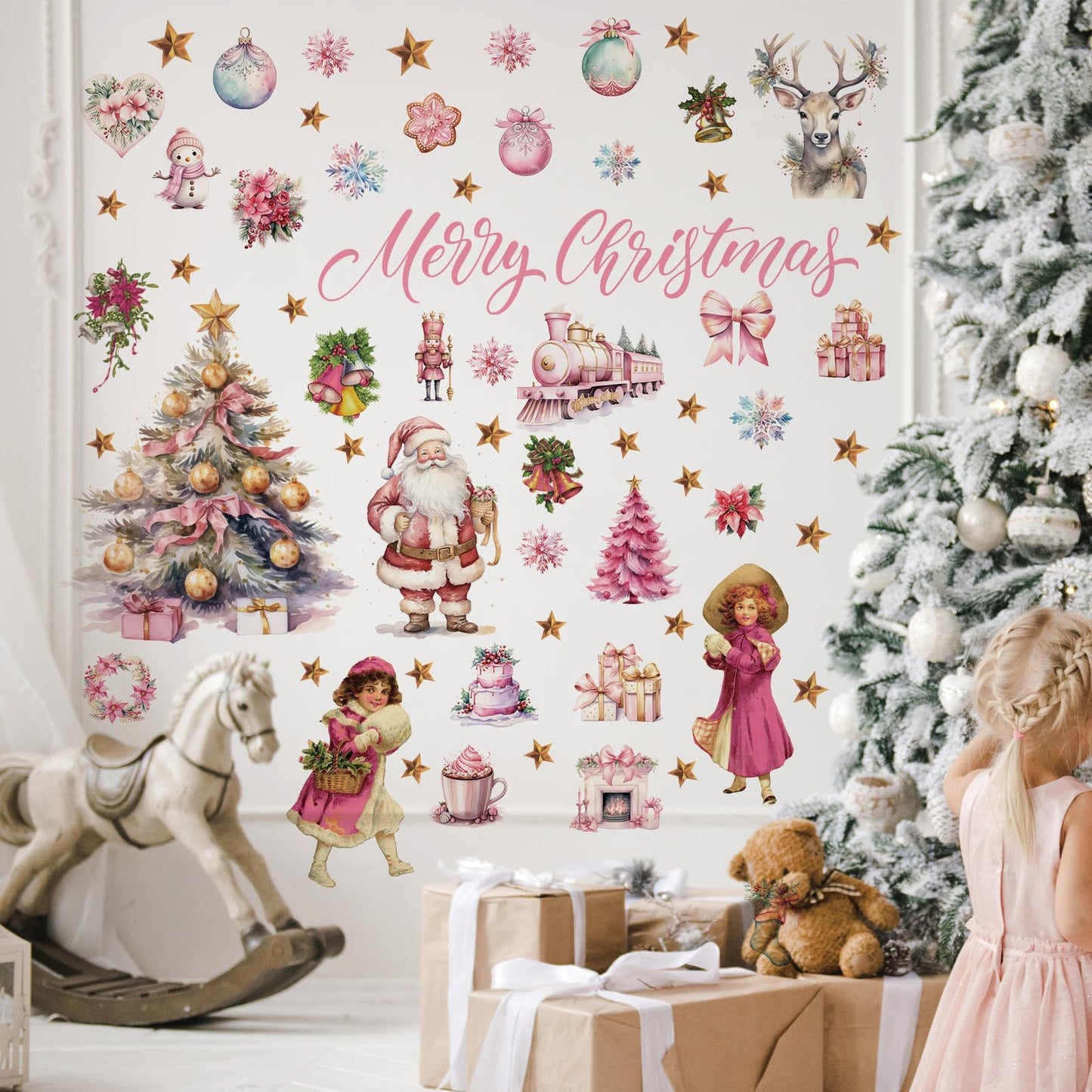 Pink Christmas Wall Decal Merry Christmas Wall Sticker Removable Christmas Tree Santa Girl Wall Decals Decor for Winter Christmas Holiday Party Supplies Home Window Decor