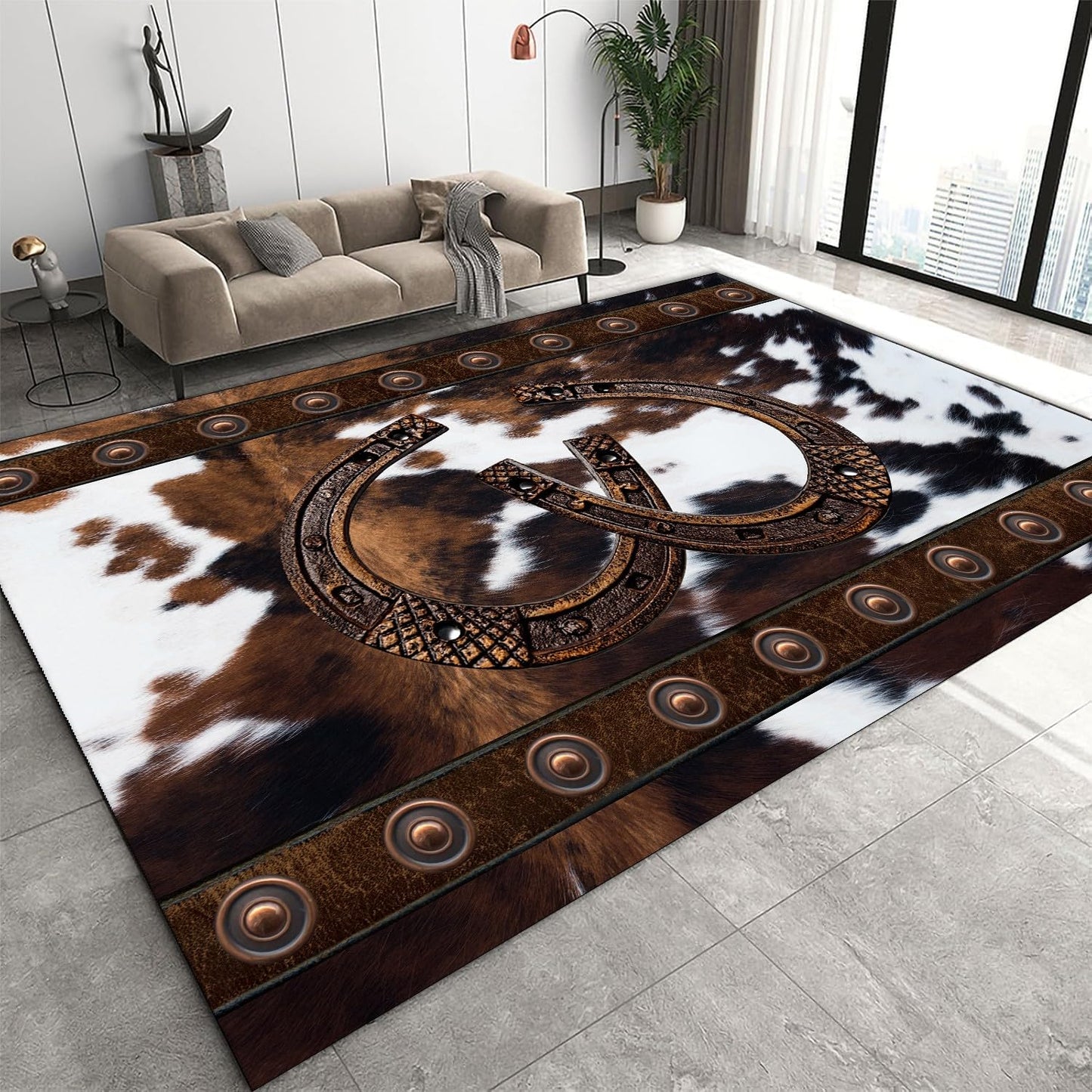 Western Rugs for Living Room, 3x4ft,Southwestern Native American Aztec Rugs,Rustic Horseshoe Brown Cow Print Rug,Boho Western Decor Carpet, for Bedroom Dining Room Non Slip Cowhide Rug