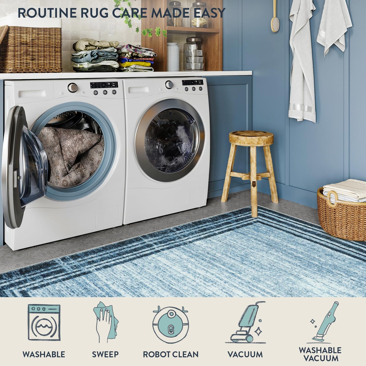 Lahome Amabel Abstract Runner Rug,2.5x8 Hallway Runner Rug Non-Slip Washable Blue Kitchen Runner Rugs, Soft Bedroom Runner Minimalist Solid Indoor Carpet Runners for Entryway Bathroom Laundry Room
