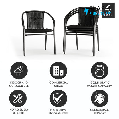 Flash Furniture Lila Modern Rattan Indoor/Outdoor Stackable Dining Chairs, Stacking Rattan Bistro Chairs for Patio or Restaurant, Set of 4, Black