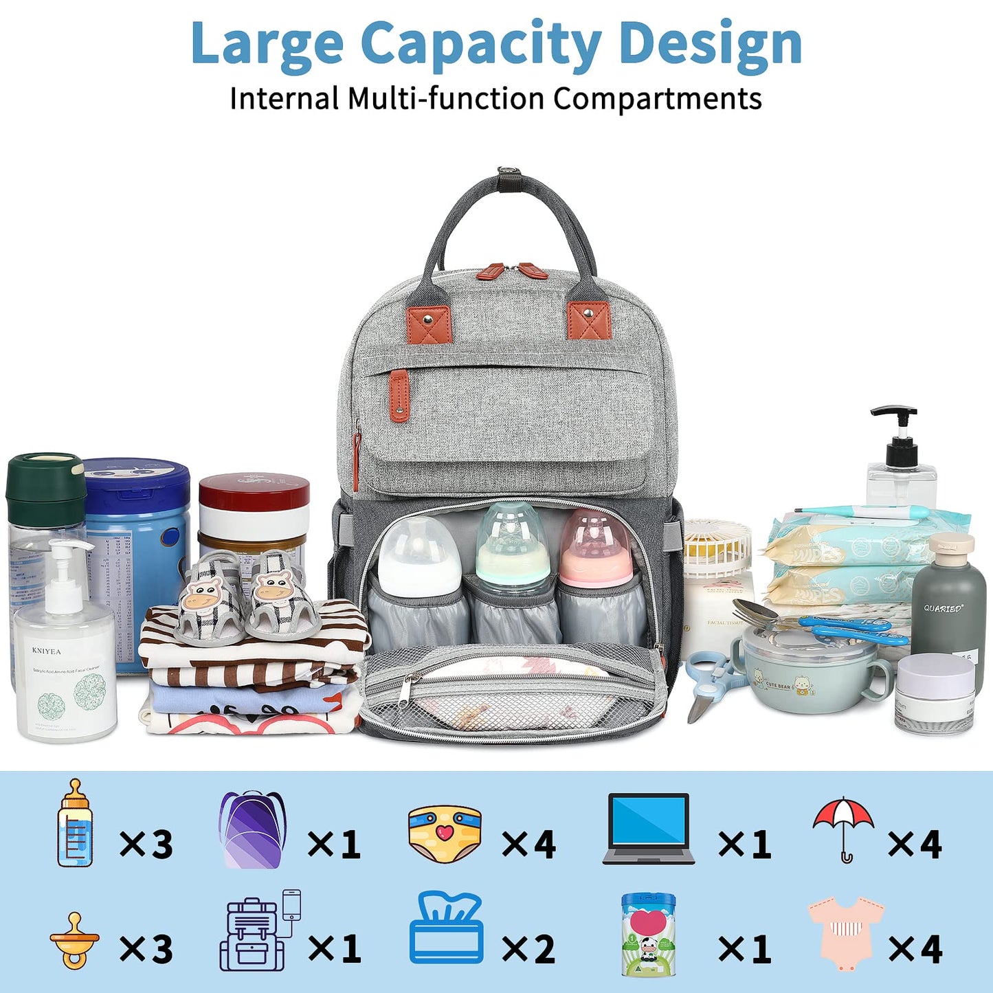 Diaper Bag Backpack, Baby Bag for Boys Girls, Large Diaper Backpack Travel Diaper Bags with Insulated Pockets Baby Registry Search Shower Gifts Newborn Essentials for Mom Dad, Waterproof Grey