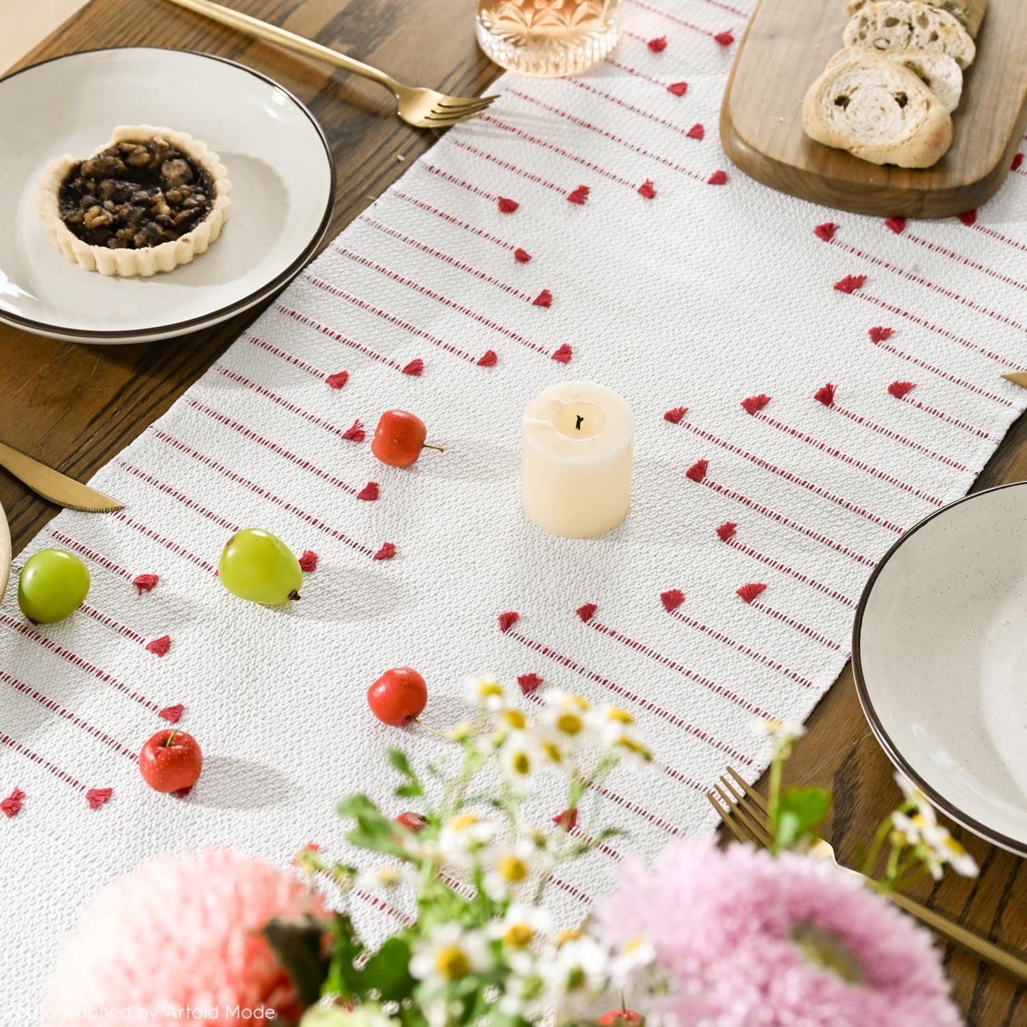 Artoid Mode Red Boho Table Runner for Farmhouse Rustic，Seasonal Holiday Macrame Burlap Kitchen Dining Table Decoration for Home Party Decor 12x72 Inch