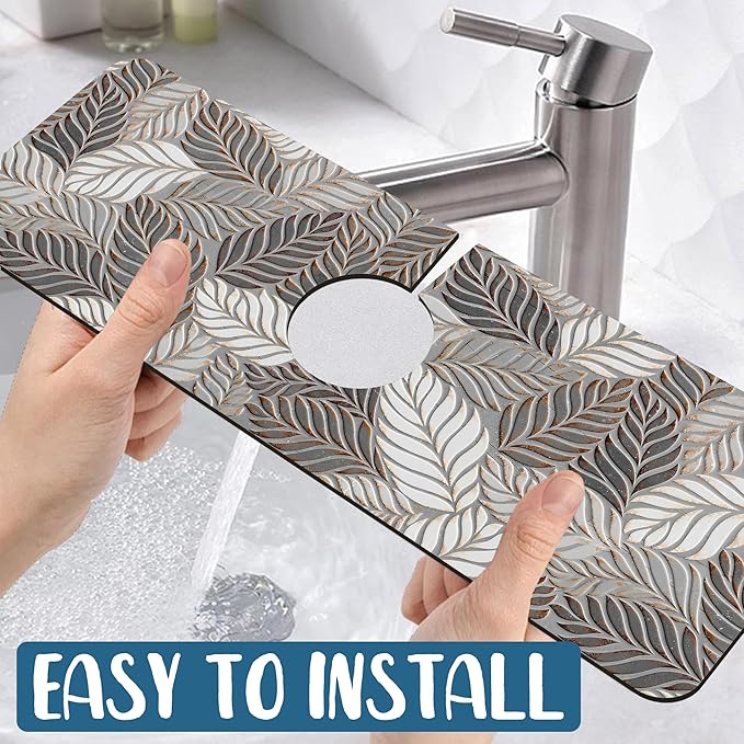 Embossed Leaf Texture Sink Splash Guard Grey Leaf Faucet Absorbing Mat Fast