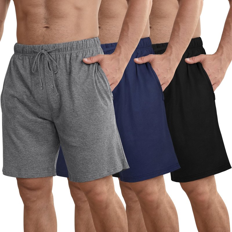 IHU 3 Pack Men's Cotton Pajama Shorts - Soft Sleepwear & Lounge Bottoms with Drawstring & Pockets Sleep Shorts for Men L Black, Navy, Gray