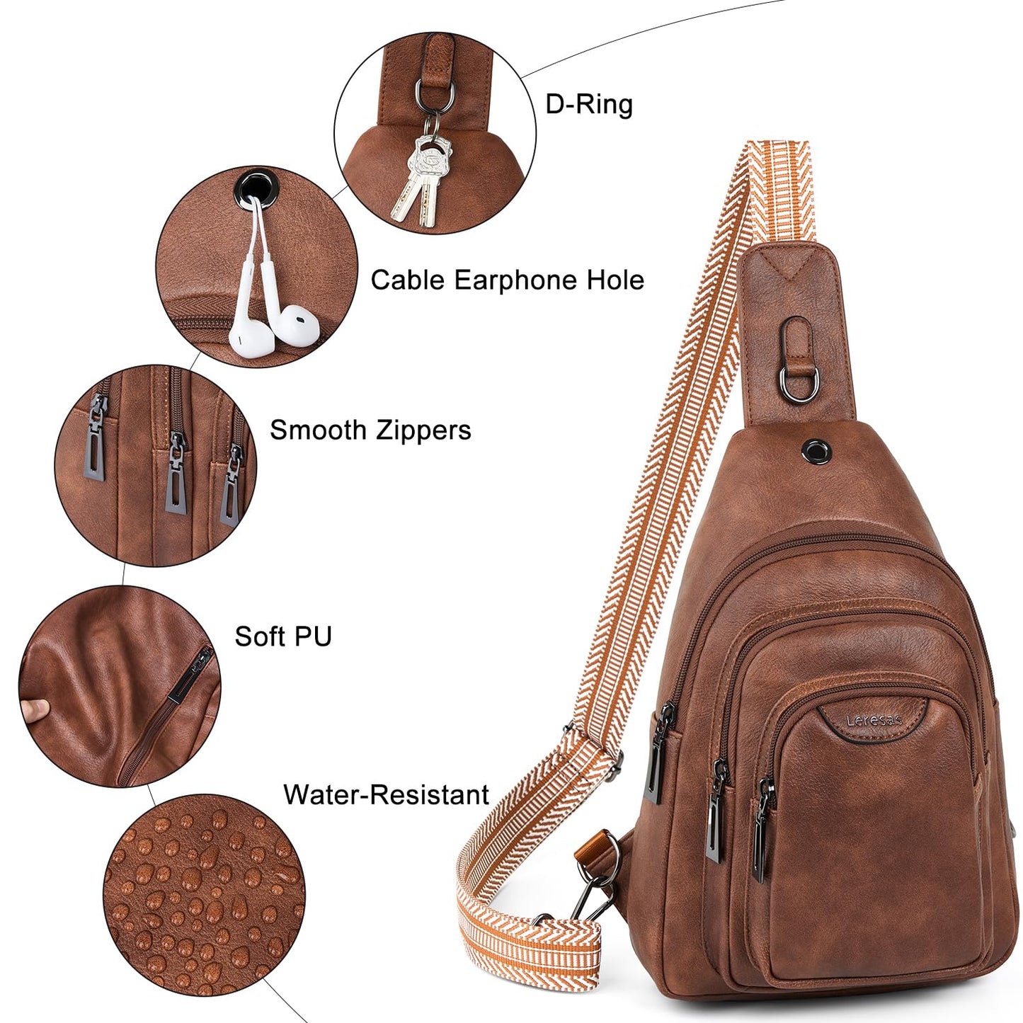 Leresas 10L Crossbody Sling Bag for Women Men Anti Theft Cross Body Fanny Pack Belt Bag Purse Gifts for Women Faux Leather, Brown