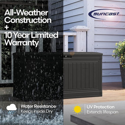 Suncast 80-Gal. Waterproof Resin Large Outdoor Patio Deck Box with Pad-Lockable Lid, Modern Outdoor Patio Bench/Storage Box for Cushions, Garden Tools, and More, Iron Ore